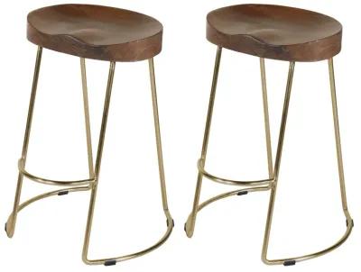 Ela 30 Inch Mango Wood Bar Stool, Saddle Seat, Iron, Set of 2, Walnut Brown, Gold-Benzara