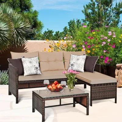 3 Pieces Outdoor Patio Corner Rattan Sofa Set