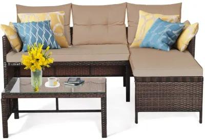 3 Pieces Outdoor Patio Corner Rattan Sofa Set