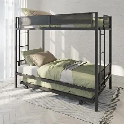 Twin Over Twin Bunk Bed With Trundle (Wood Slat And Textilene Guardrail)