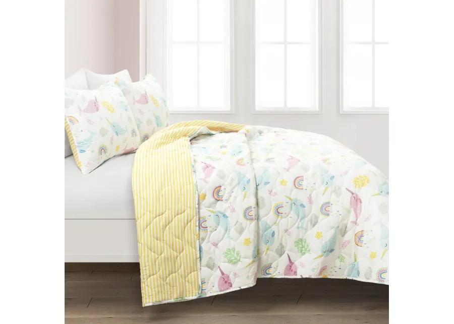 Magical Narwhal Reversible Oversized Quilt White/Multi 3Pc Set Full/Queen