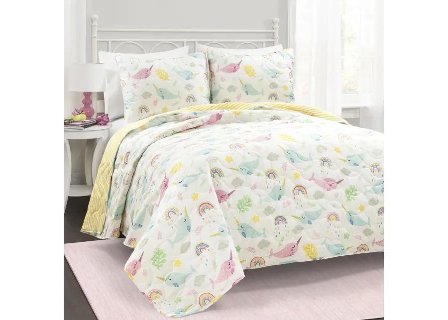 Magical Narwhal Reversible Oversized Quilt White/Multi 3Pc Set Full/Queen