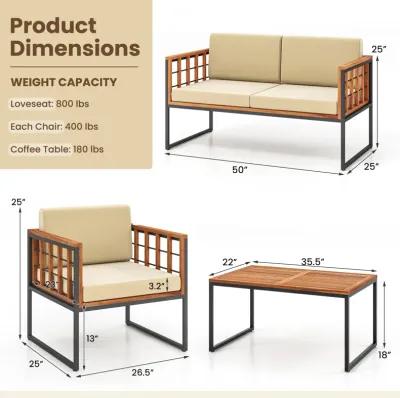 4 Pieces Acacia Wood Outdoor Sofa Set for Balcony  Porch  Backyard  Poolside