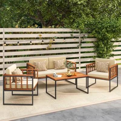 4 Pieces Acacia Wood Outdoor Sofa Set for Balcony  Porch  Backyard  Poolside