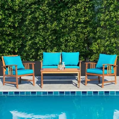 4 Pieces Wooden Patio Furniture Set Table Sofa Chair Cushioned Garden