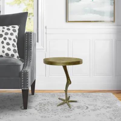 19 Inch Side End Table, Antique Brass Aluminum Cast, Round Top with Handcrafted Textured Crane Leg Stem - Benzara