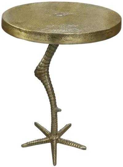 19 Inch Side End Table, Antique Brass Aluminum Cast, Round Top with Handcrafted Textured Crane Leg Stem - Benzara