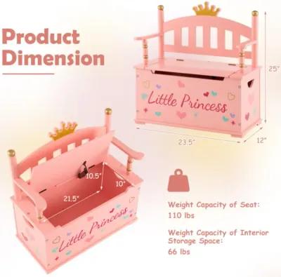 Hivvago 2-In-1 Kids Princess Wooden Toy Box with Safe Hinged Lid-Pink