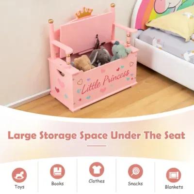 Hivvago 2-In-1 Kids Princess Wooden Toy Box with Safe Hinged Lid-Pink