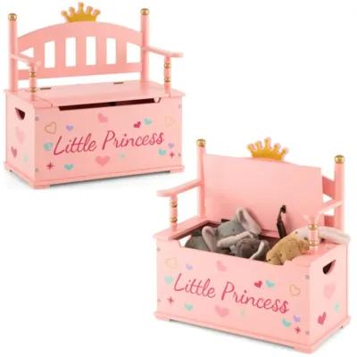 Hivvago 2-In-1 Kids Princess Wooden Toy Box with Safe Hinged Lid-Pink