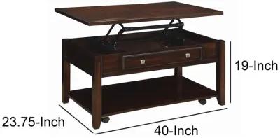 Modern Lift Top Wooden Coffee Table With Storage & Shelf, Walnut Brown-Benzara