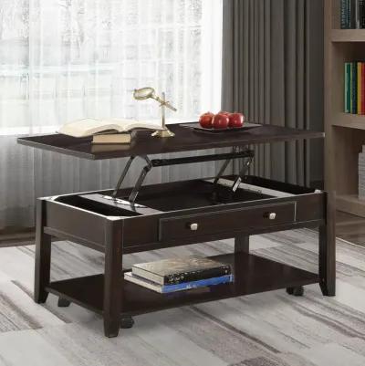 Modern Lift Top Wooden Coffee Table With Storage & Shelf, Walnut Brown-Benzara