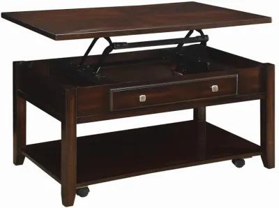 Modern Lift Top Wooden Coffee Table With Storage & Shelf, Walnut Brown-Benzara