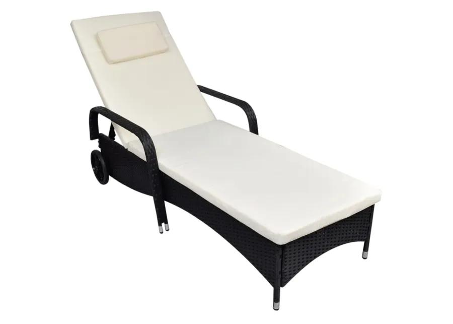 vidaXL Sun Lounger with Cushion & Wheels Poly Rattan Black