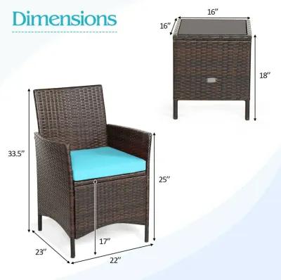 3 Pieces Patio Rattan Furniture Set Cushioned Sofa and Glass Tabletop Deck