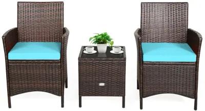 3 Pieces Patio Rattan Furniture Set Cushioned Sofa and Glass Tabletop Deck