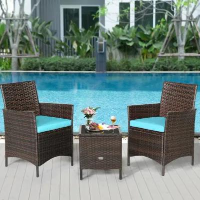 3 Pieces Patio Rattan Furniture Set Cushioned Sofa and Glass Tabletop Deck