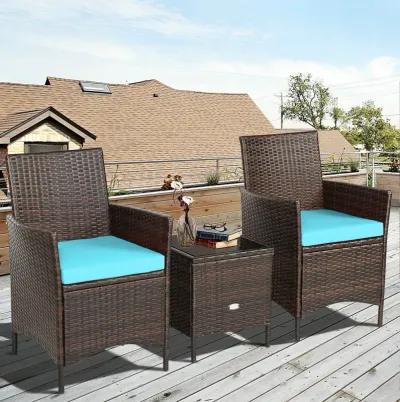 3 Pieces Patio Rattan Furniture Set Cushioned Sofa and Glass Tabletop Deck