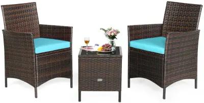 3 Pieces Patio Rattan Furniture Set Cushioned Sofa and Glass Tabletop Deck