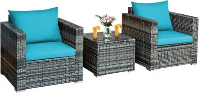 3 Pieces Patio Rattan Furniture Bistro Sofa Set with Cushioned