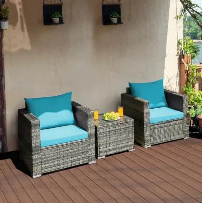 3 Pieces Patio Rattan Furniture Bistro Sofa Set with Cushioned