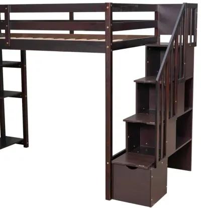 Twin Size Loft Bed With Storage Drawers And Stairs, Wooden Loft Bed With Shelves