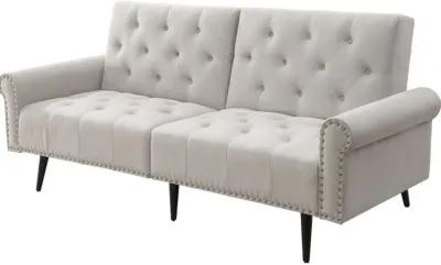 Adjustable Sofa with Button Tufting and Rolled Arms, White-Benzara