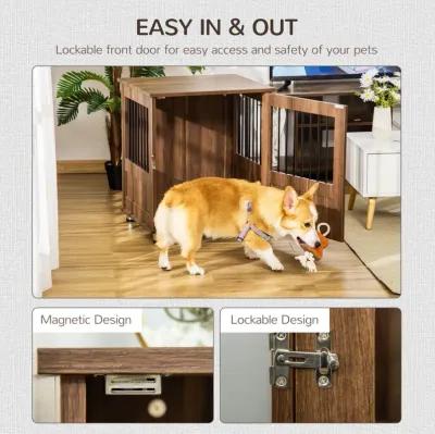 Brown Pet Furniture: Wooden End Table Dog Crate with Magnetic Door