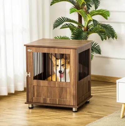 Brown Pet Furniture: Wooden End Table Dog Crate with Magnetic Door