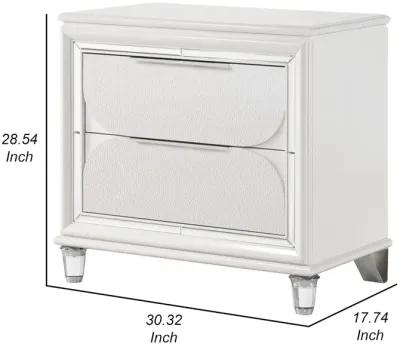 Benjara RARA 30 Inch Nightstand, 2 Drawers, Mirror Trim, Acrylic Legs, White and Silver