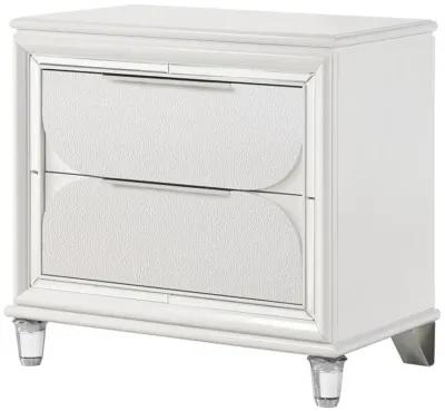 Benjara RARA 30 Inch Nightstand, 2 Drawers, Mirror Trim, Acrylic Legs, White and Silver