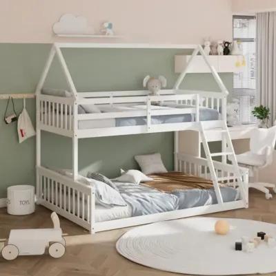 Hivvago Twin Over Full House Bunk Bed with Ladder and Guardrails-White