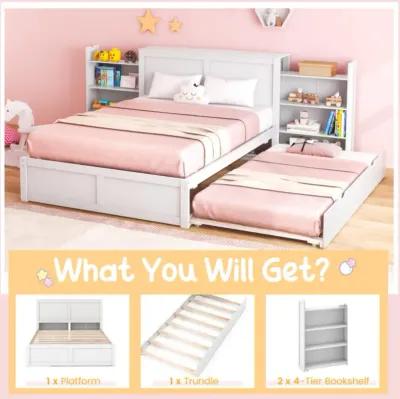 Hivvago Kids Wooden Platform Bed with Trundle Storage Headboard