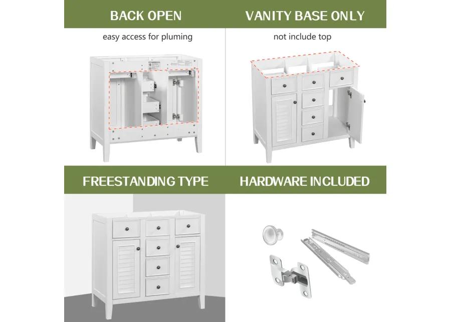 36" Bathroom Vanity Without Sink, Cabinet Base Only, Two Cabinets And Five Drawers, Solid Wood Frame