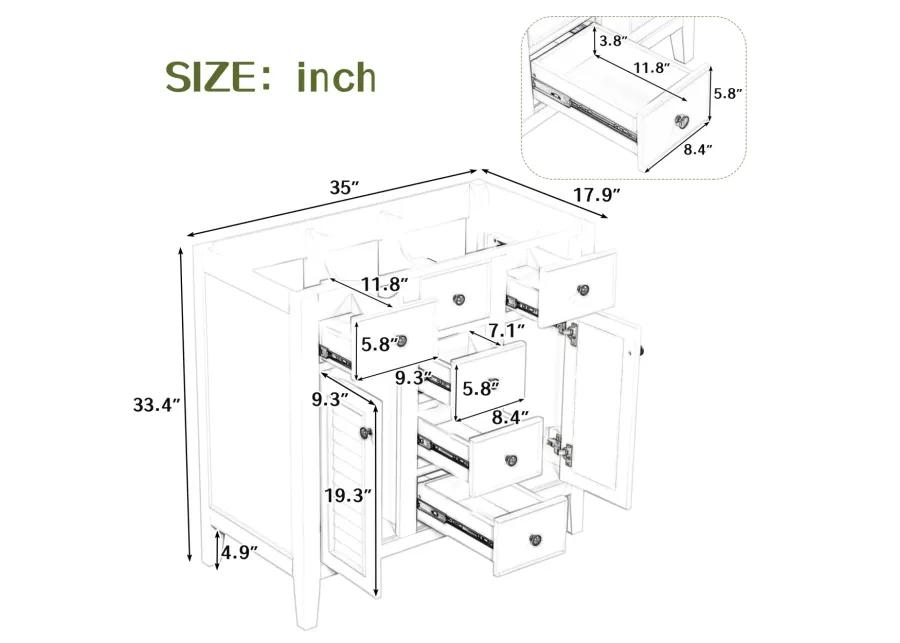 36" Bathroom Vanity Without Sink, Cabinet Base Only, Two Cabinets And Five Drawers, Solid Wood Frame