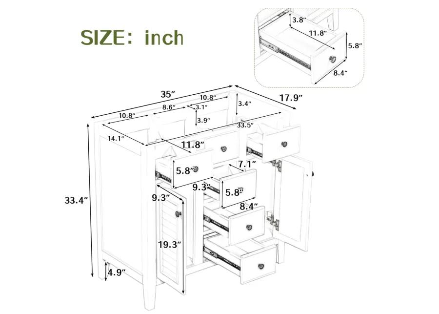 36" Bathroom Vanity Without Sink, Cabinet Base Only, Two Cabinets And Five Drawers, Solid Wood Frame