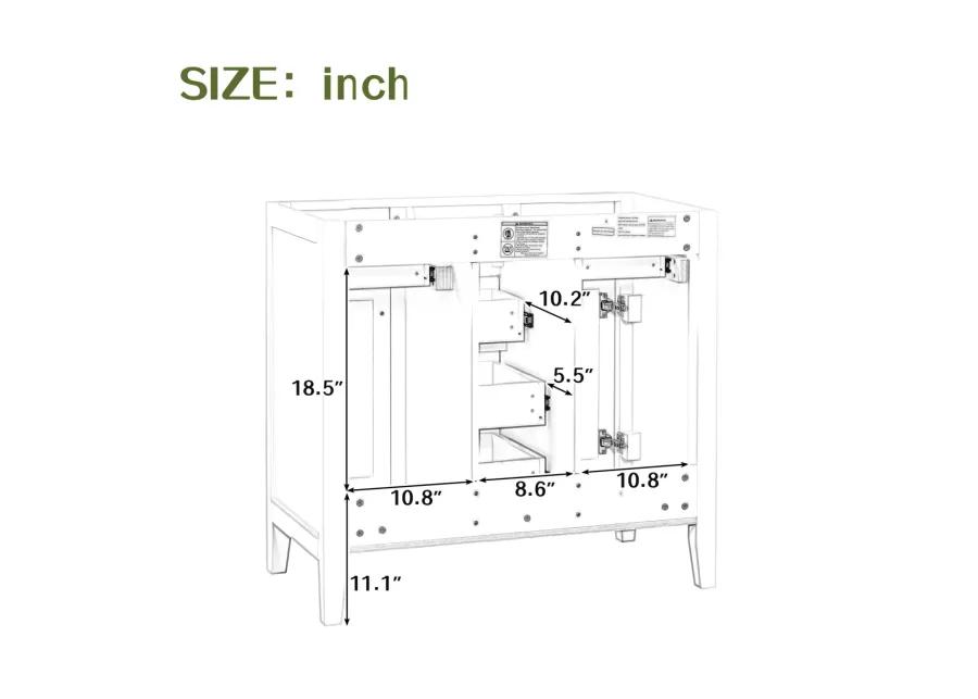 36" Bathroom Vanity Without Sink, Cabinet Base Only, Two Cabinets And Five Drawers, Solid Wood Frame