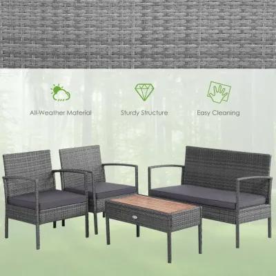 4 Pieces Rattan Patio Conversation Furniture Set with Acacia Wood Tabletop