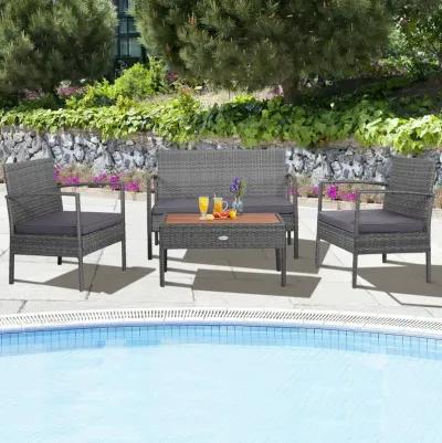 4 Pieces Rattan Patio Conversation Furniture Set with Acacia Wood Tabletop