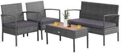 4 Pieces Rattan Patio Conversation Furniture Set with Acacia Wood Tabletop