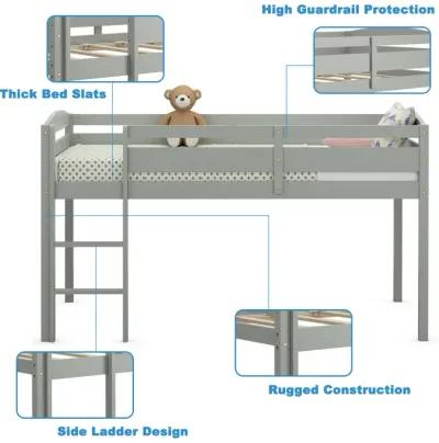 Wooden Twin Low Loft Bunk Bed with Guard Rail and Ladder