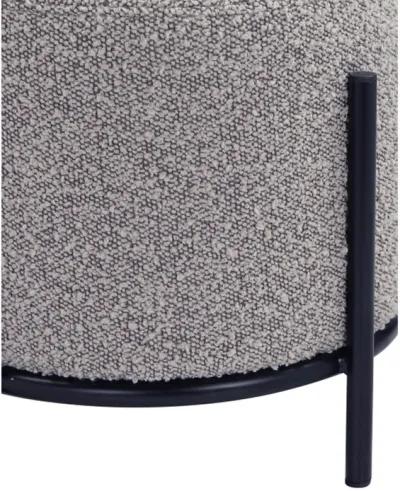 Aop 13 Inch Boucle Ottoman Stool, Round Cushioned Seat, Gray Boucle, Black - Benzara