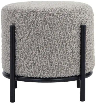 Aop 13 Inch Boucle Ottoman Stool, Round Cushioned Seat, Gray Boucle, Black - Benzara