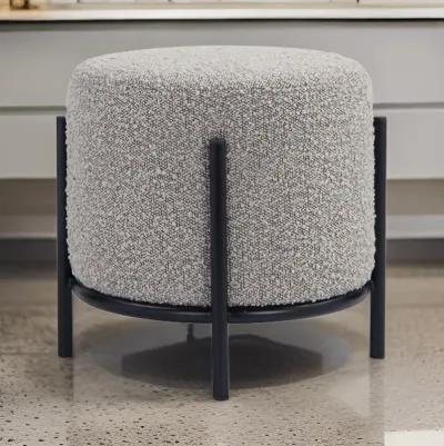 Aop 13 Inch Boucle Ottoman Stool, Round Cushioned Seat, Gray Boucle, Black - Benzara