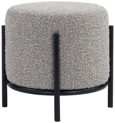 Aop 13 Inch Boucle Ottoman Stool, Round Cushioned Seat, Gray Boucle, Black - Benzara