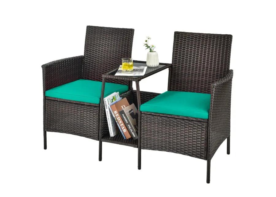 Patio Rattan Wicker Conversation Set Sofa Cushioned Loveseat Glass Table