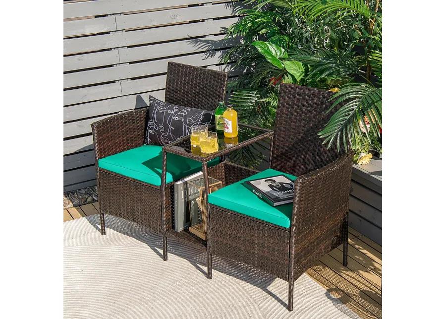 Patio Rattan Wicker Conversation Set Sofa Cushioned Loveseat Glass Table