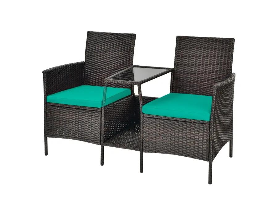 Patio Rattan Wicker Conversation Set Sofa Cushioned Loveseat Glass Table