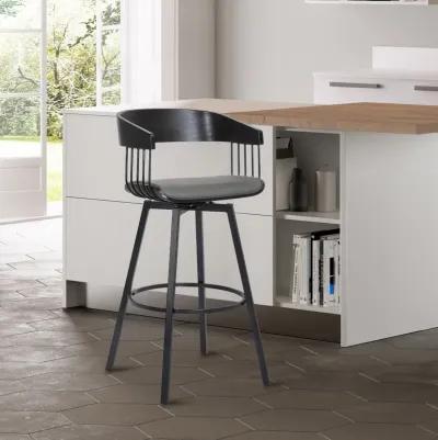 Athena Swivel Black Wood Counter Stool in Grey Faux Leather with Black Metal