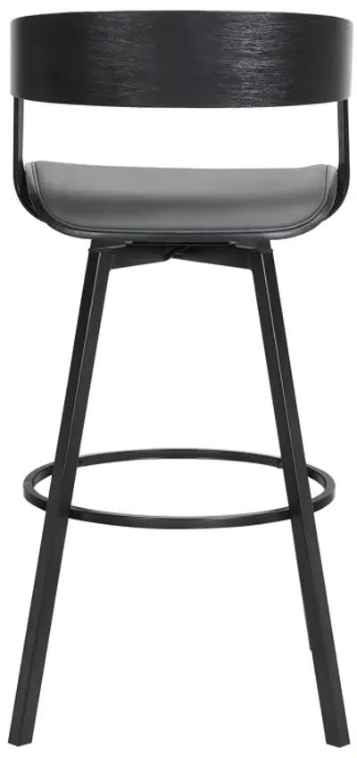 Athena Swivel Black Wood Counter Stool in Grey Faux Leather with Black Metal